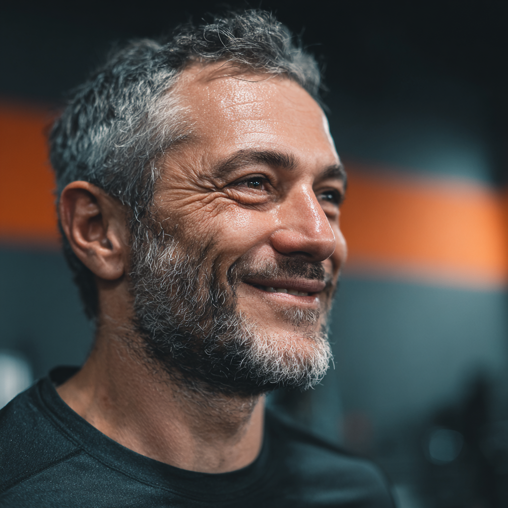 Мъж на 52 години се усмихва след първата си тренировка в guspremond, доволен от професионалното отношение на треньорите