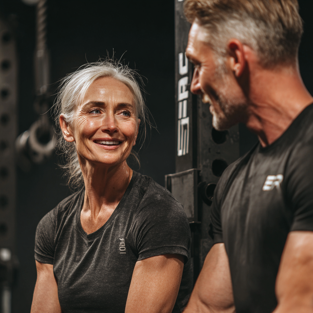 Жена на 58 години тренира с персонален треньор в guspremond, фокусирана и щастлива от постигнатия напредък