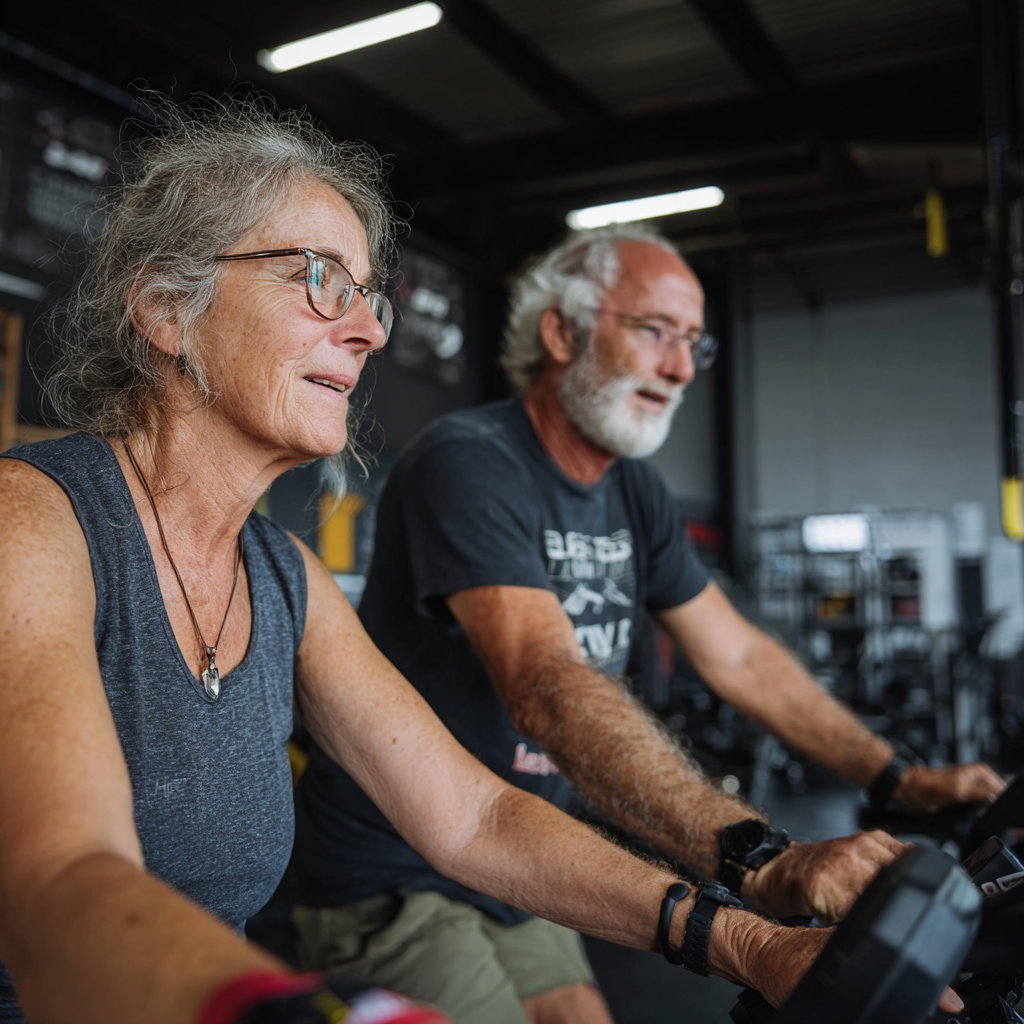 Жена на 60 години и мъж на 55 години тренират заедно в guspremond, демонстрирайки че възрастта не е пречка за активен живот